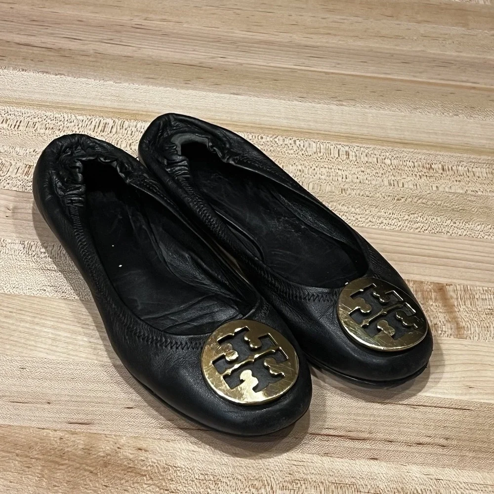 Tory Burch Reva Black Leather‎ Ballet Flats Women's Size 7